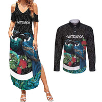 Personalised Valentine's Day New Zealand Couples Matching Summer Maxi Dress and Long Sleeve Button Shirt Tui Bird Couple Kowhaiwhai Mix Pohutukawa LT14 Black - Polynesian Pride