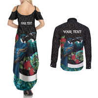 Personalised Valentine's Day New Zealand Couples Matching Summer Maxi Dress and Long Sleeve Button Shirt Tui Bird Couple Kowhaiwhai Mix Pohutukawa LT14 - Polynesian Pride