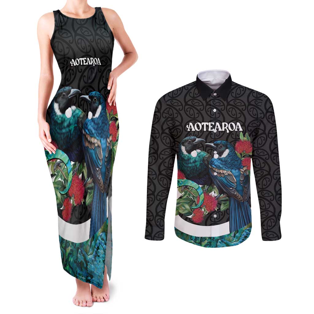 Personalised Valentine's Day New Zealand Couples Matching Tank Maxi Dress and Long Sleeve Button Shirt Tui Bird Couple Kowhaiwhai Mix Pohutukawa LT14 Black - Polynesian Pride