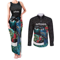 Personalised Valentine's Day New Zealand Couples Matching Tank Maxi Dress and Long Sleeve Button Shirt Tui Bird Couple Kowhaiwhai Mix Pohutukawa LT14 Black - Polynesian Pride