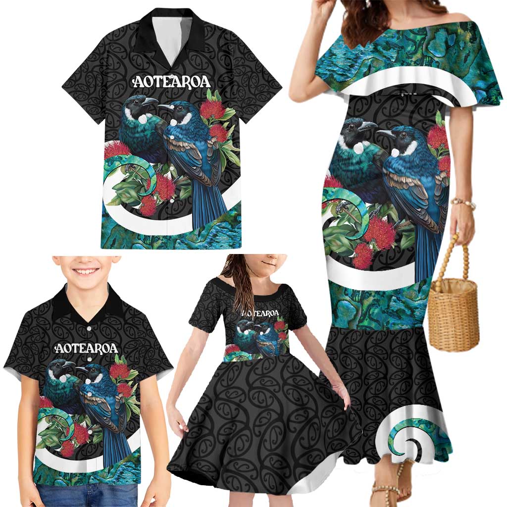 Personalised Valentine's Day New Zealand Family Matching Mermaid Dress and Hawaiian Shirt Tui Bird Couple Kowhaiwhai Mix Pohutukawa LT14 - Polynesian Pride