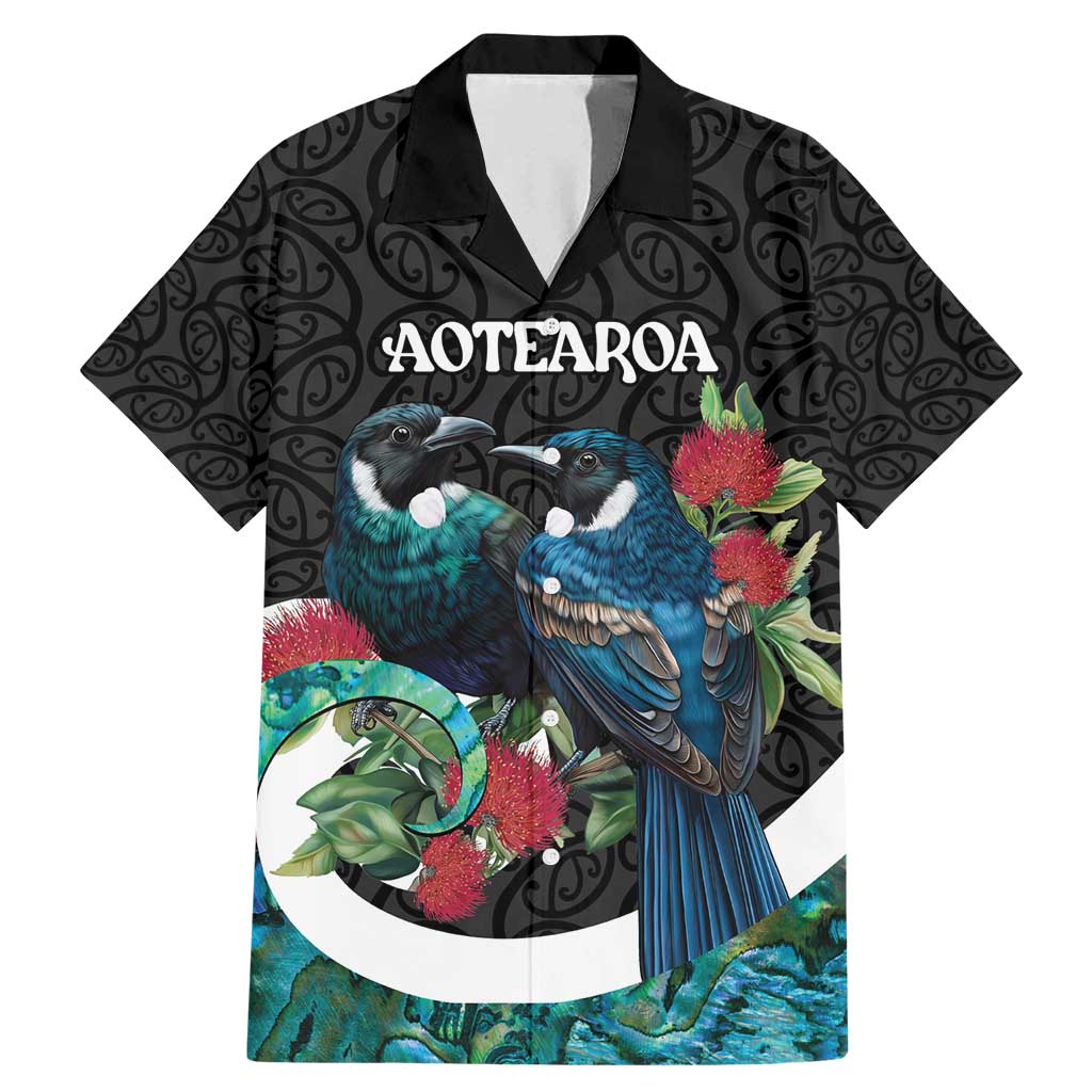 Personalised Valentine's Day New Zealand Family Matching Mermaid Dress and Hawaiian Shirt Tui Bird Couple Kowhaiwhai Mix Pohutukawa LT14 Dad's Shirt - Short Sleeve Black - Polynesian Pride