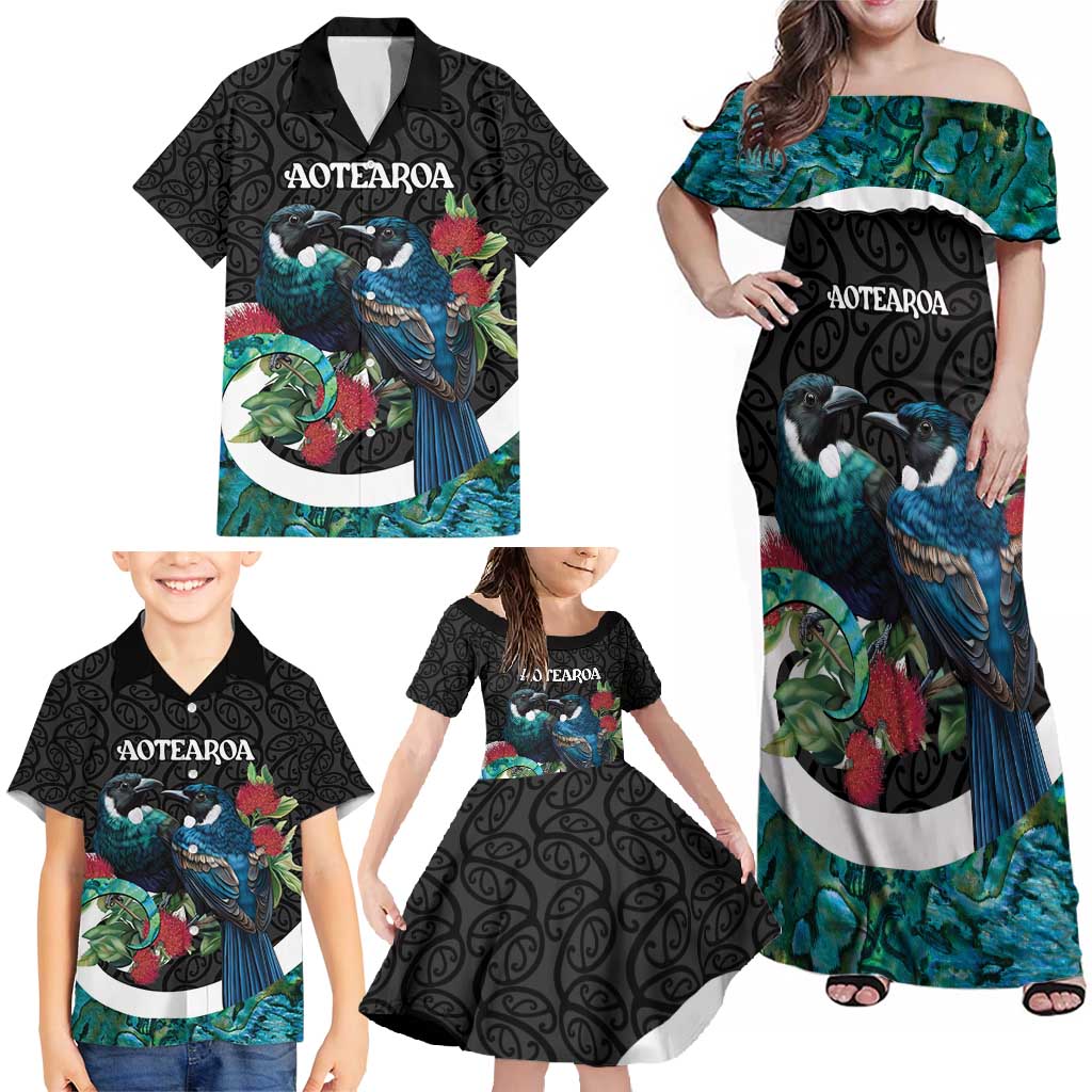 Personalised Valentine's Day New Zealand Family Matching Off Shoulder Maxi Dress and Hawaiian Shirt Tui Bird Couple Kowhaiwhai Mix Pohutukawa LT14 - Polynesian Pride