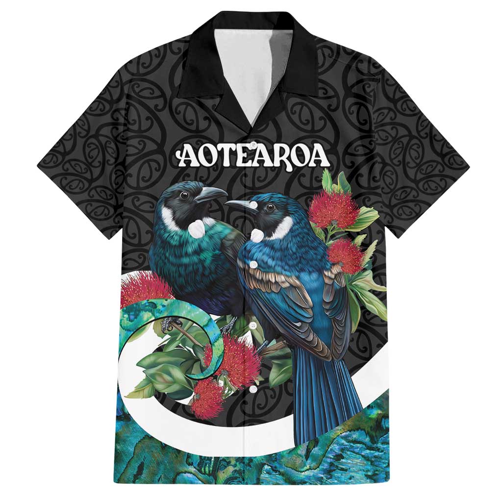 Personalised Valentine's Day New Zealand Family Matching Off Shoulder Maxi Dress and Hawaiian Shirt Tui Bird Couple Kowhaiwhai Mix Pohutukawa LT14 Dad's Shirt - Short Sleeve Black - Polynesian Pride