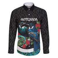 Personalised Valentine's Day New Zealand Family Matching Off Shoulder Maxi Dress and Hawaiian Shirt Tui Bird Couple Kowhaiwhai Mix Pohutukawa LT14 Dad's Shirt - Long Sleeve Black - Polynesian Pride