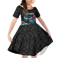 Personalised Valentine's Day New Zealand Family Matching Off Shoulder Short Dress and Hawaiian Shirt Tui Bird Couple Kowhaiwhai Mix Pohutukawa LT14 Daughter's Dress Black - Polynesian Pride