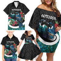 Personalised Valentine's Day New Zealand Family Matching Off Shoulder Short Dress and Hawaiian Shirt Tui Bird Couple Kowhaiwhai Mix Pohutukawa LT14 - Polynesian Pride
