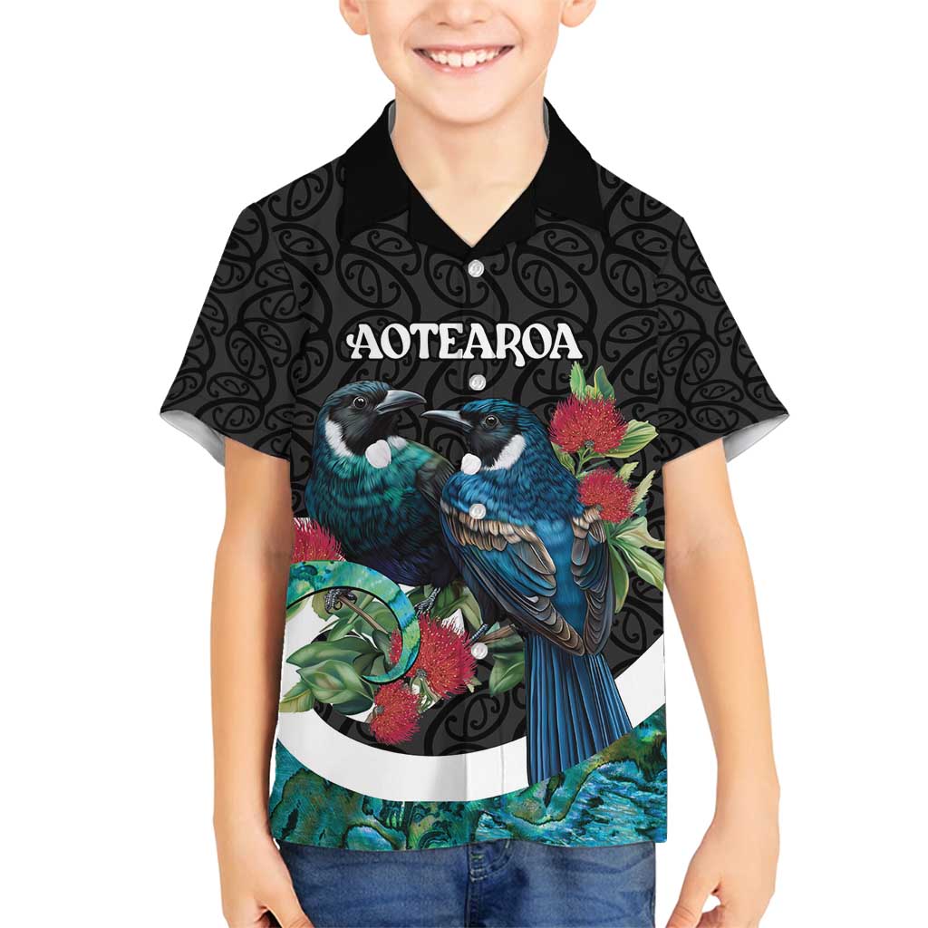 Personalised Valentine's Day New Zealand Family Matching Puletasi and Hawaiian Shirt Tui Bird Couple Kowhaiwhai Mix Pohutukawa LT14 Son's Shirt Black - Polynesian Pride