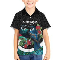 Personalised Valentine's Day New Zealand Family Matching Short Sleeve Bodycon Dress and Hawaiian Shirt Tui Bird Couple Kowhaiwhai Mix Pohutukawa LT14 Son's Shirt Black - Polynesian Pride
