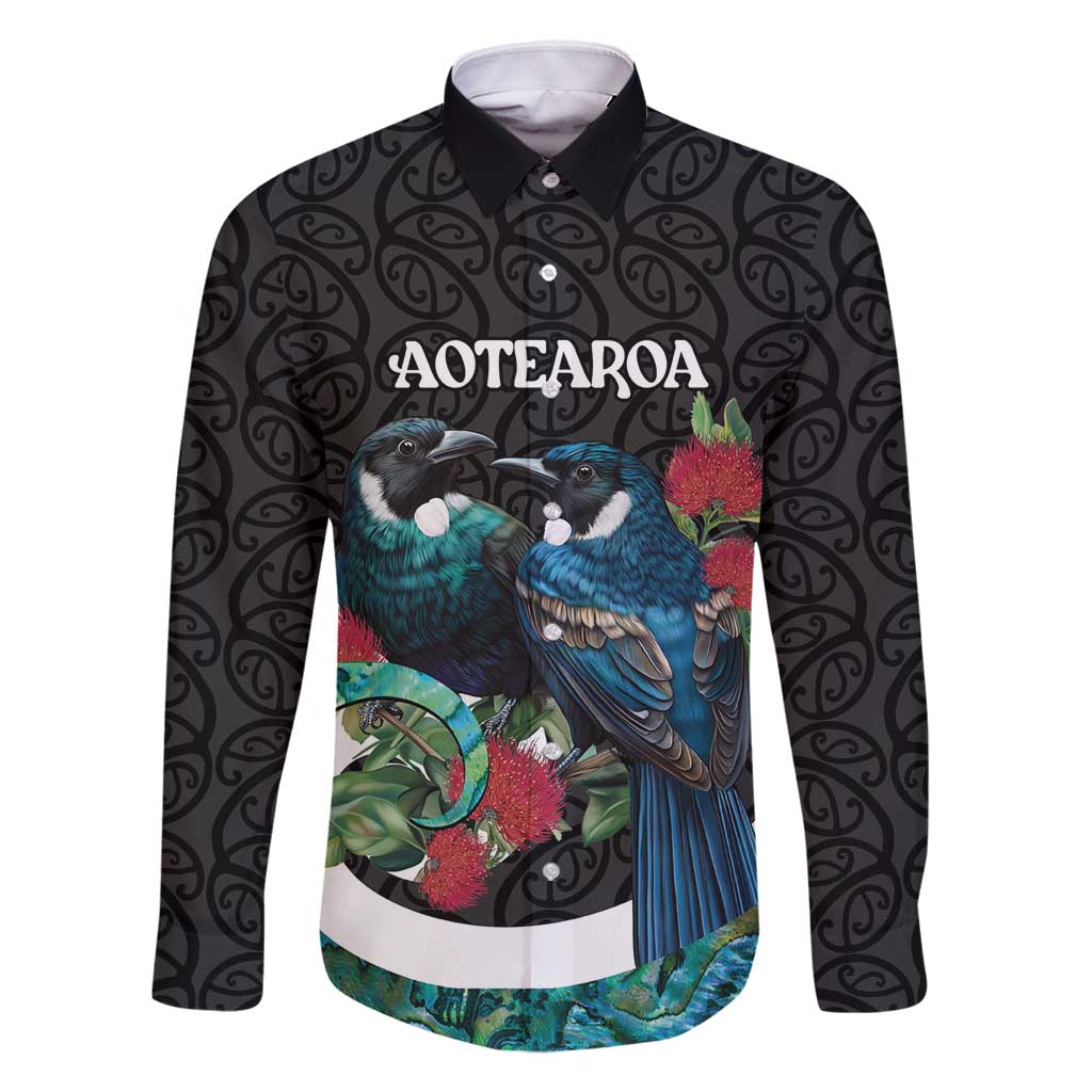 Personalised Valentine's Day New Zealand Family Matching Tank Maxi Dress and Hawaiian Shirt Tui Bird Couple Kowhaiwhai Mix Pohutukawa LT14 Dad's Shirt - Long Sleeve Black - Polynesian Pride