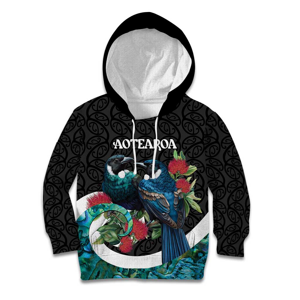 Personalised Valentine's Day New Zealand Kid Hoodie Tui Bird Couple Kowhaiwhai Mix Pohutukawa LT14 Hoodie Black - Polynesian Pride