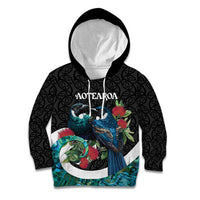 Personalised Valentine's Day New Zealand Kid Hoodie Tui Bird Couple Kowhaiwhai Mix Pohutukawa LT14 Hoodie Black - Polynesian Pride