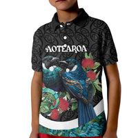Personalised Valentine's Day New Zealand Kid Polo Shirt Tui Bird Couple Kowhaiwhai Mix Pohutukawa LT14 Kid Black - Polynesian Pride