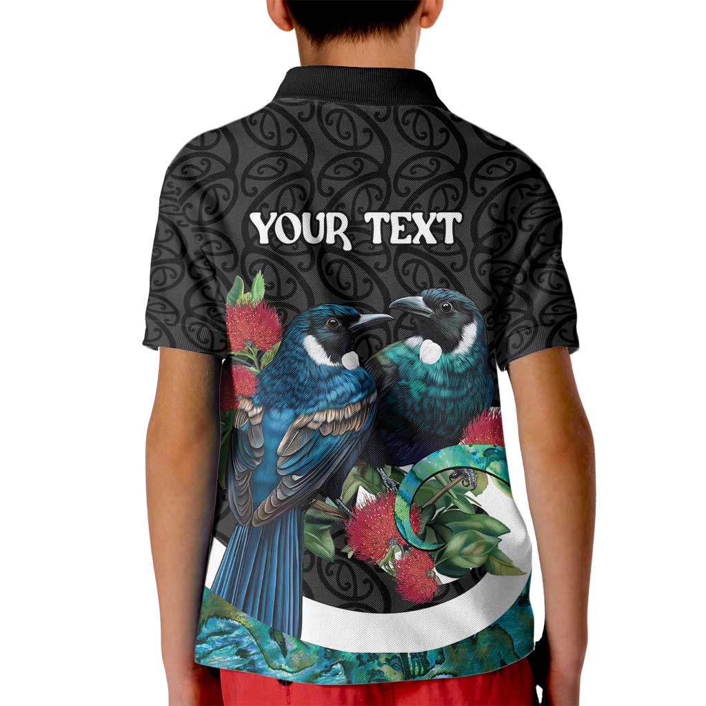 Personalised Valentine's Day New Zealand Kid Polo Shirt Tui Bird Couple Kowhaiwhai Mix Pohutukawa LT14 - Polynesian Pride