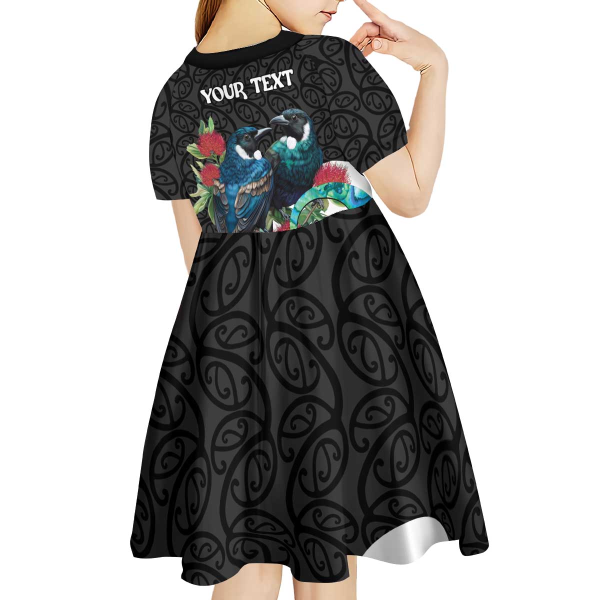 Personalised Valentine's Day New Zealand Kid Short Sleeve Dress Tui Bird Couple Kowhaiwhai Mix Pohutukawa LT14 - Polynesian Pride