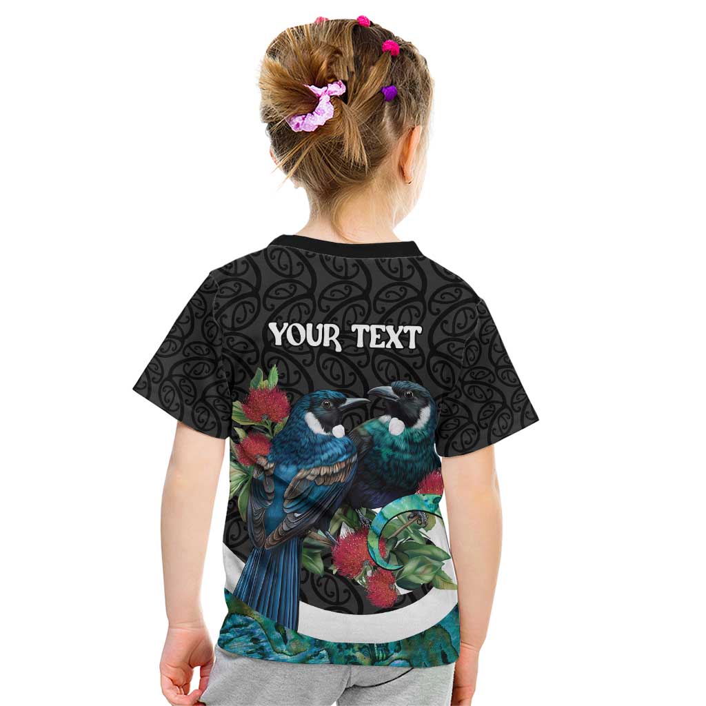 Personalised Valentine's Day New Zealand Kid T Shirt Tui Bird Couple Kowhaiwhai Mix Pohutukawa LT14 - Polynesian Pride