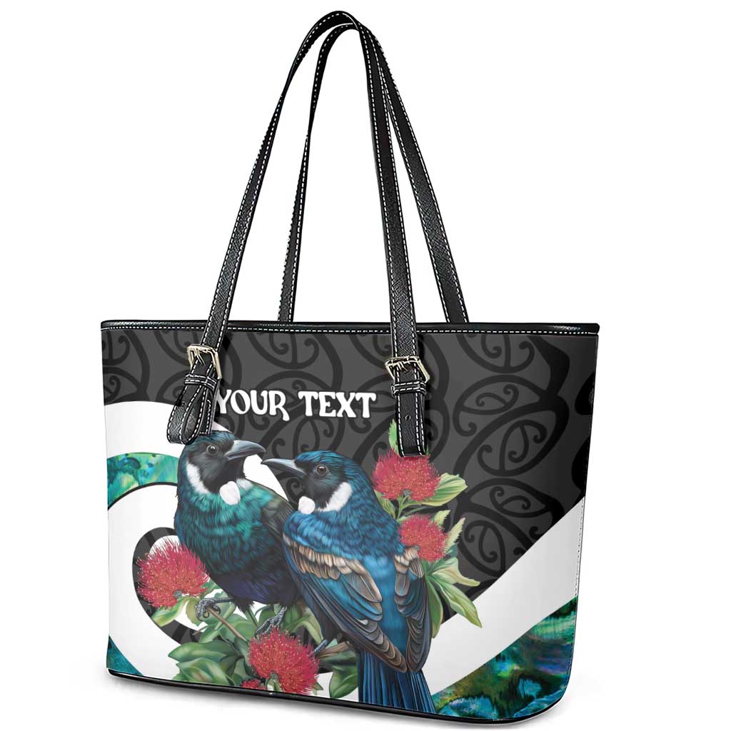 Personalised Valentine's Day New Zealand Leather Tote Bag Tui Bird Couple Kowhaiwhai Mix Pohutukawa LT14 - Polynesian Pride