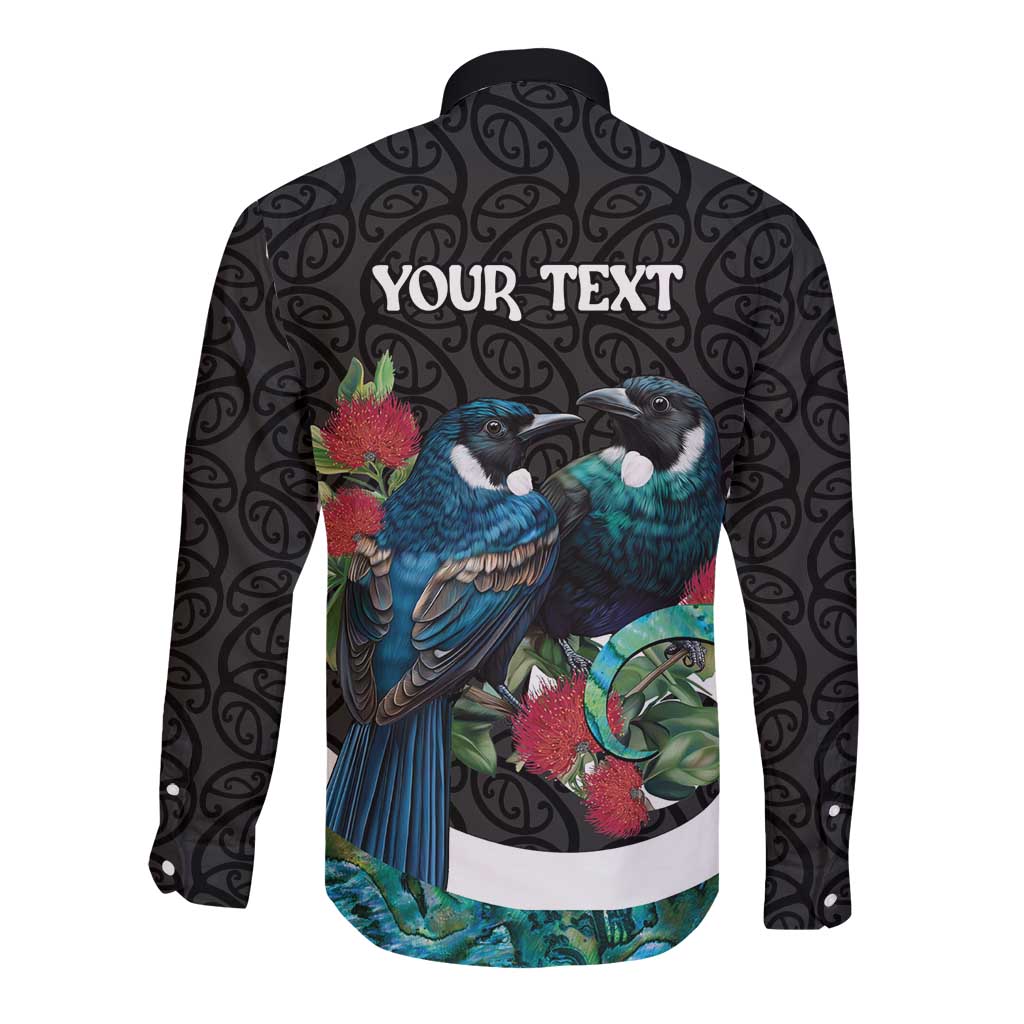 Personalised Valentine's Day New Zealand Long Sleeve Button Shirt Tui Bird Couple Kowhaiwhai Mix Pohutukawa LT14 - Polynesian Pride