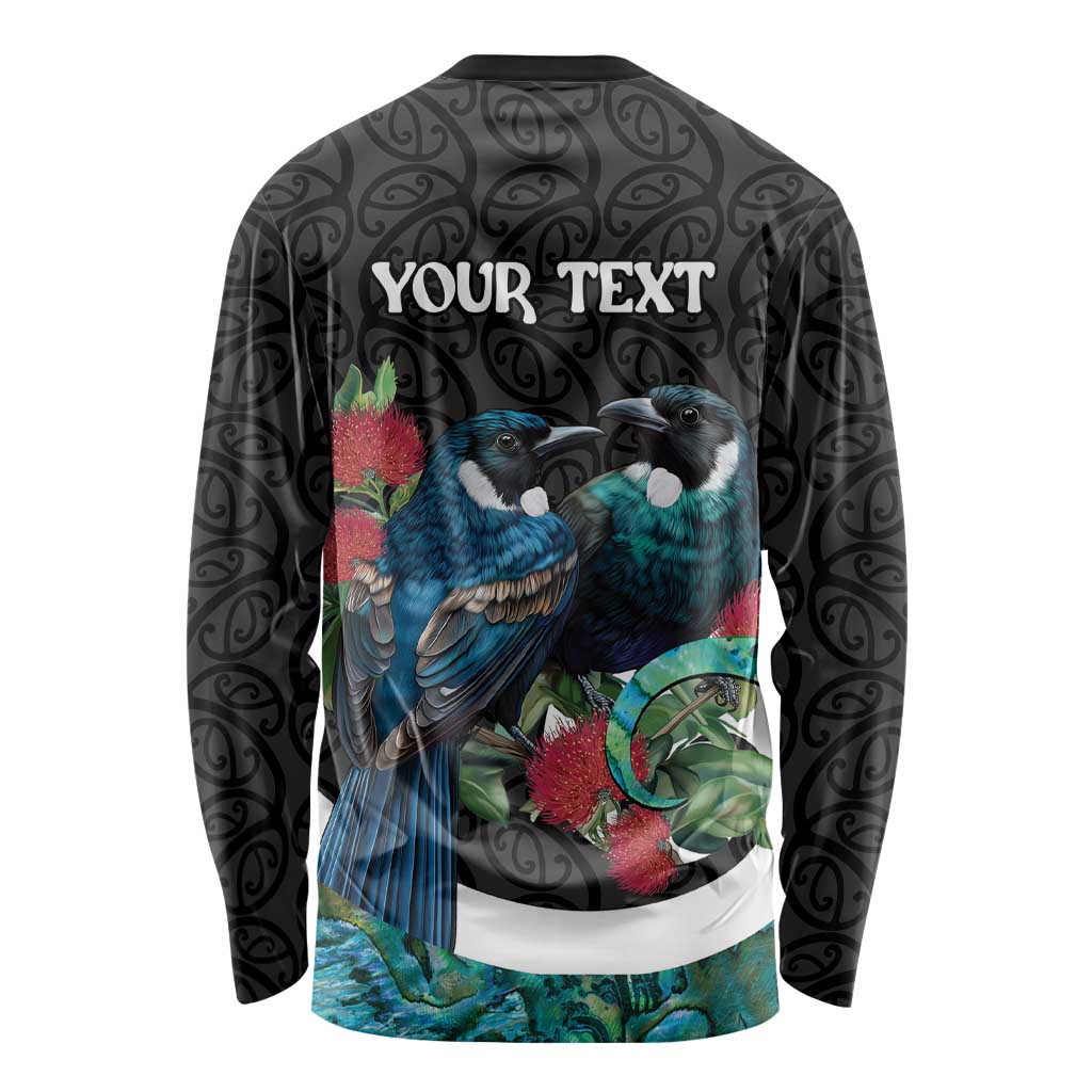 Personalised Valentine's Day New Zealand Long Sleeve Shirt Tui Bird Couple Kowhaiwhai Mix Pohutukawa LT14 - Polynesian Pride