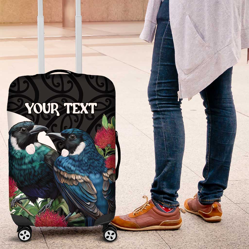 Personalised Valentine's Day New Zealand Luggage Cover Tui Bird Couple Kowhaiwhai Mix Pohutukawa LT14 Black - Polynesian Pride