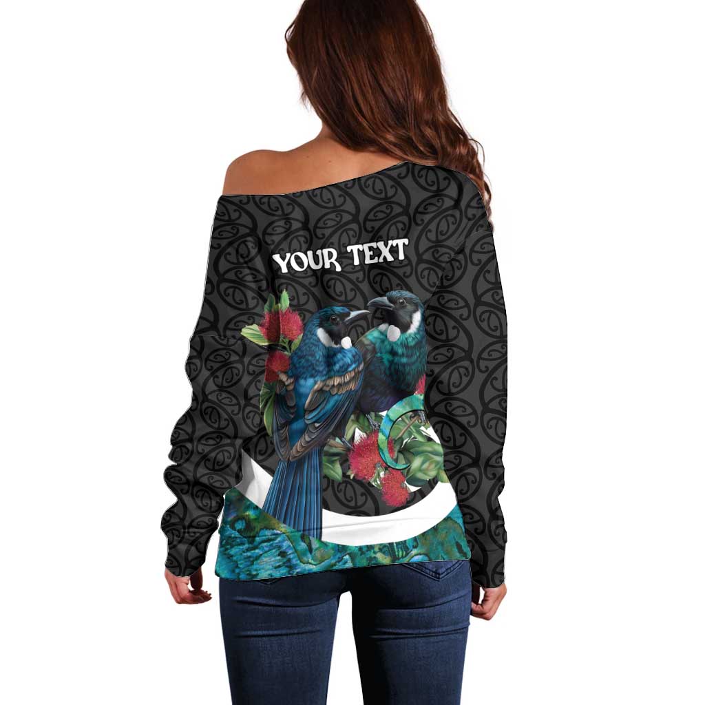 Personalised Valentine's Day New Zealand Off Shoulder Sweater Tui Bird Couple Kowhaiwhai Mix Pohutukawa LT14 - Polynesian Pride
