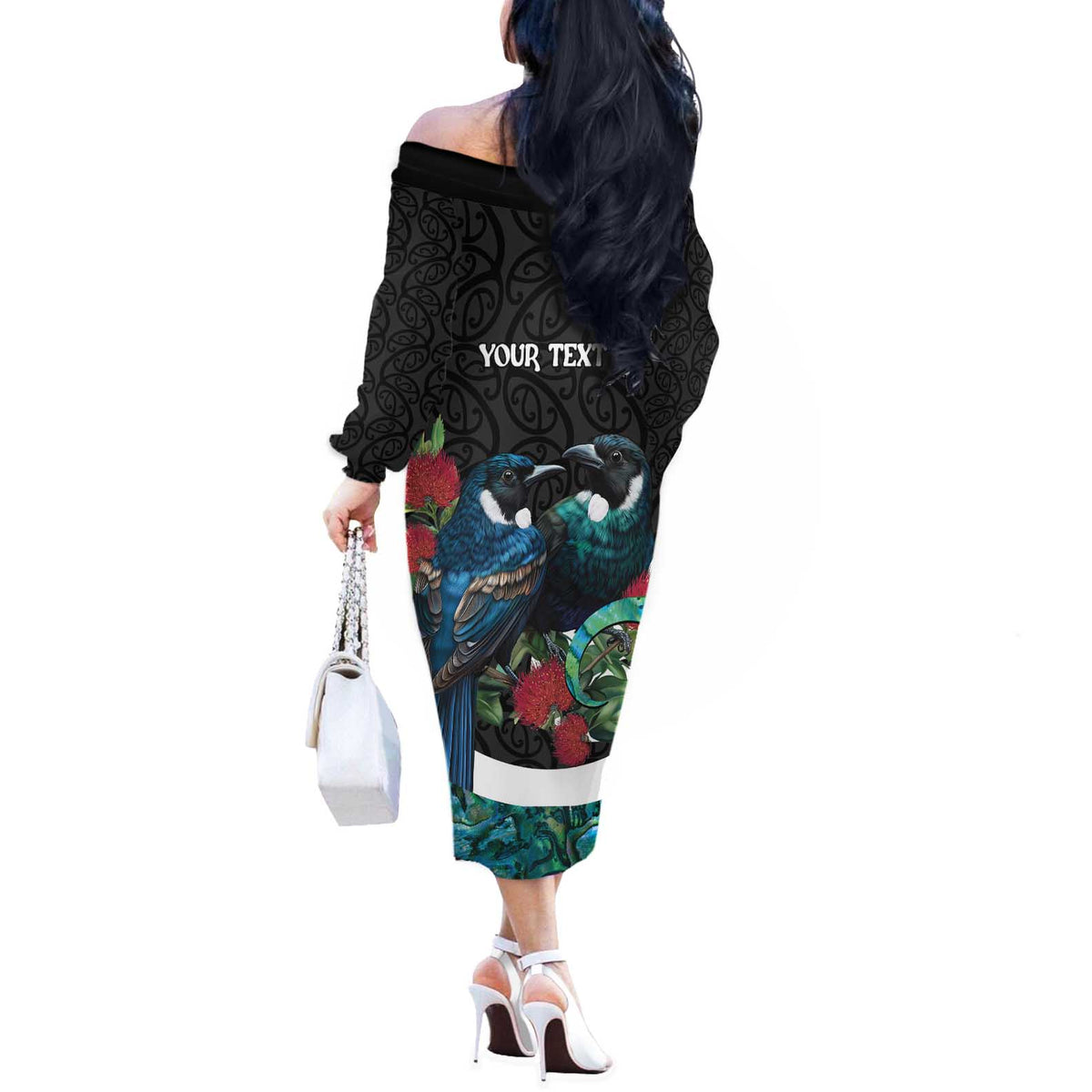 Personalised Valentine's Day New Zealand Off The Shoulder Long Sleeve Dress Tui Bird Couple Kowhaiwhai Mix Pohutukawa LT14 - Polynesian Pride