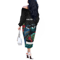 Personalised Valentine's Day New Zealand Off The Shoulder Long Sleeve Dress Tui Bird Couple Kowhaiwhai Mix Pohutukawa LT14 - Polynesian Pride