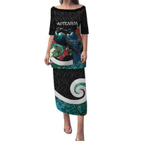Personalised Valentine's Day New Zealand Puletasi Tui Bird Couple Kowhaiwhai Mix Pohutukawa LT14 Long Dress Black - Polynesian Pride