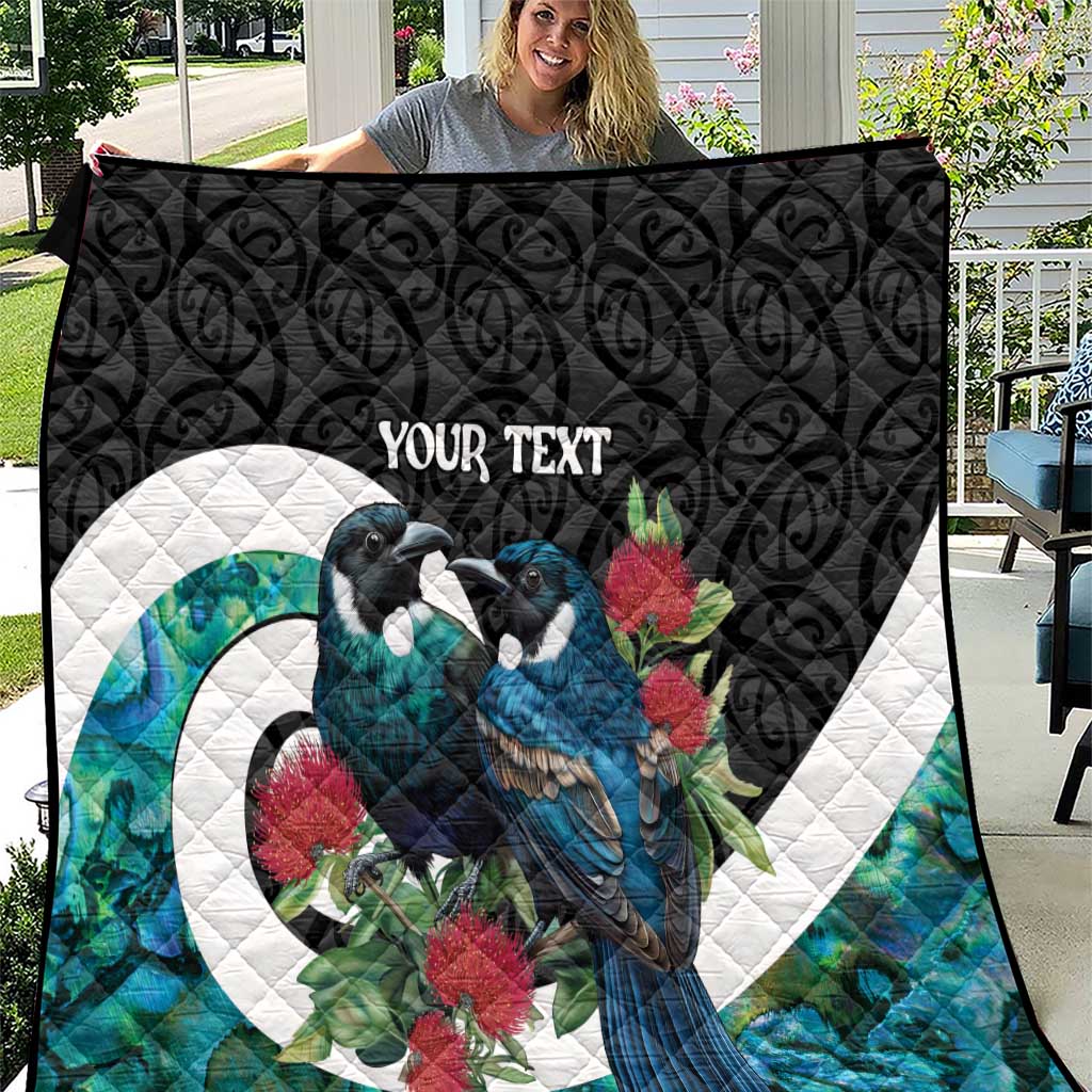 Personalised Valentine's Day New Zealand Quilt Tui Bird Couple Kowhaiwhai Mix Pohutukawa LT14 Black - Polynesian Pride
