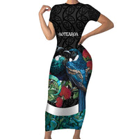 Personalised Valentine's Day New Zealand Short Sleeve Bodycon Dress Tui Bird Couple Kowhaiwhai Mix Pohutukawa LT14 Long Dress Black - Polynesian Pride