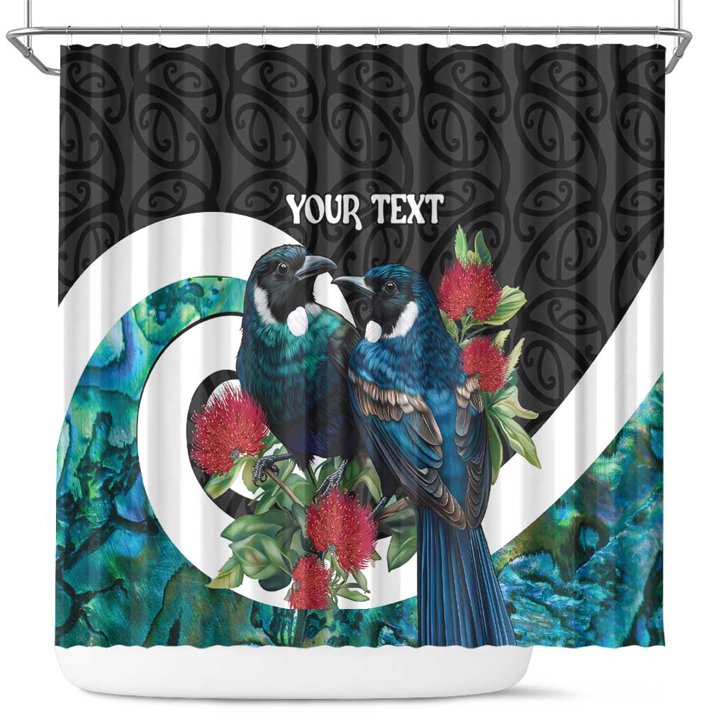 Personalised Valentine's Day New Zealand Shower Curtain Tui Bird Couple Kowhaiwhai Mix Pohutukawa LT14 Black - Polynesian Pride
