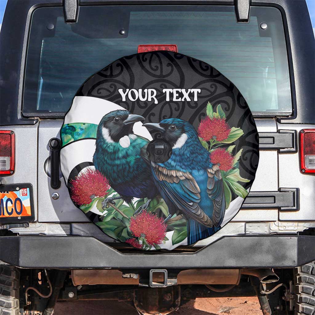 Personalised Valentine's Day New Zealand Spare Tire Cover Tui Bird Couple Kowhaiwhai Mix Pohutukawa LT14 Black - Polynesian Pride
