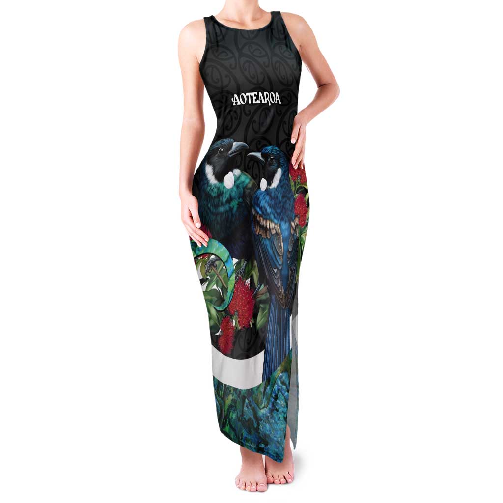Personalised Valentine's Day New Zealand Tank Maxi Dress Tui Bird Couple Kowhaiwhai Mix Pohutukawa LT14 Women Black - Polynesian Pride