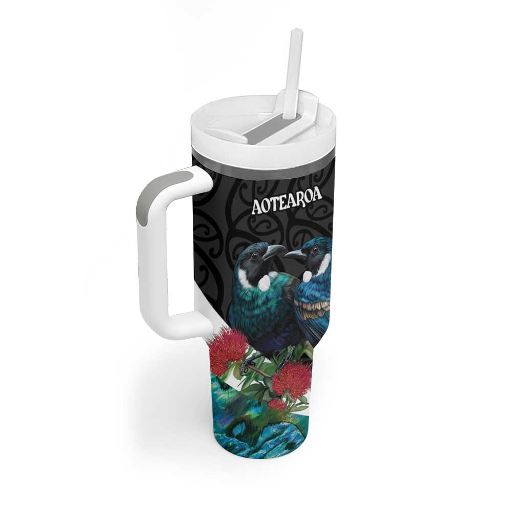 Personalised Valentine's Day New Zealand Tumbler With Handle Tui Bird Couple Kowhaiwhai Mix Pohutukawa LT14 - Polynesian Pride