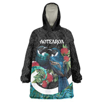 Personalised Valentine's Day New Zealand Wearable Blanket Hoodie Tui Bird Couple Kowhaiwhai Mix Pohutukawa LT14 One Size Black - Polynesian Pride