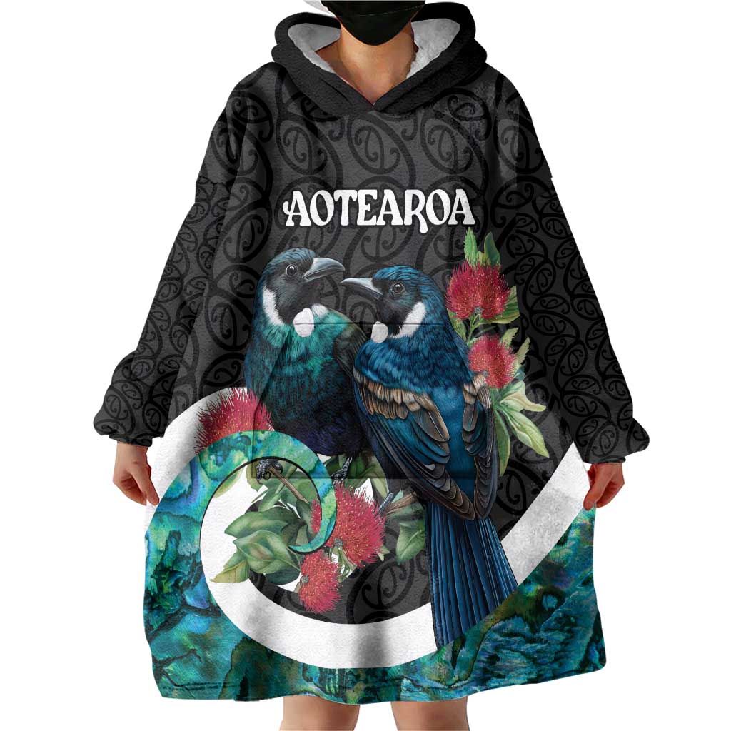 Personalised Valentine's Day New Zealand Wearable Blanket Hoodie Tui Bird Couple Kowhaiwhai Mix Pohutukawa LT14 - Polynesian Pride