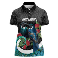 Personalised Valentine's Day New Zealand Women Polo Shirt Tui Bird Couple Kowhaiwhai Mix Pohutukawa LT14 Female Black - Polynesian Pride