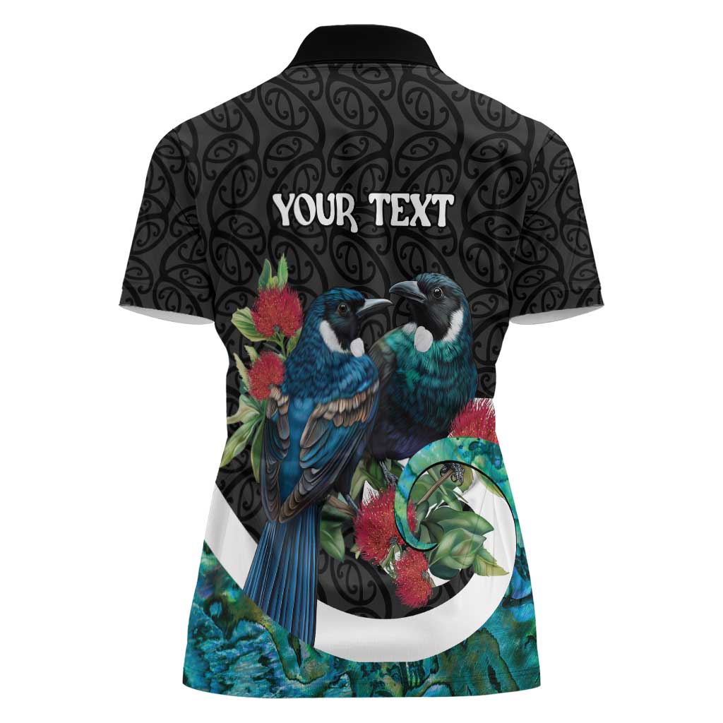 Personalised Valentine's Day New Zealand Women Polo Shirt Tui Bird Couple Kowhaiwhai Mix Pohutukawa LT14 - Polynesian Pride