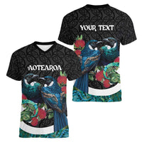 Personalised Valentine's Day New Zealand Women V-Neck T-Shirt Tui Bird Couple Kowhaiwhai Mix Pohutukawa