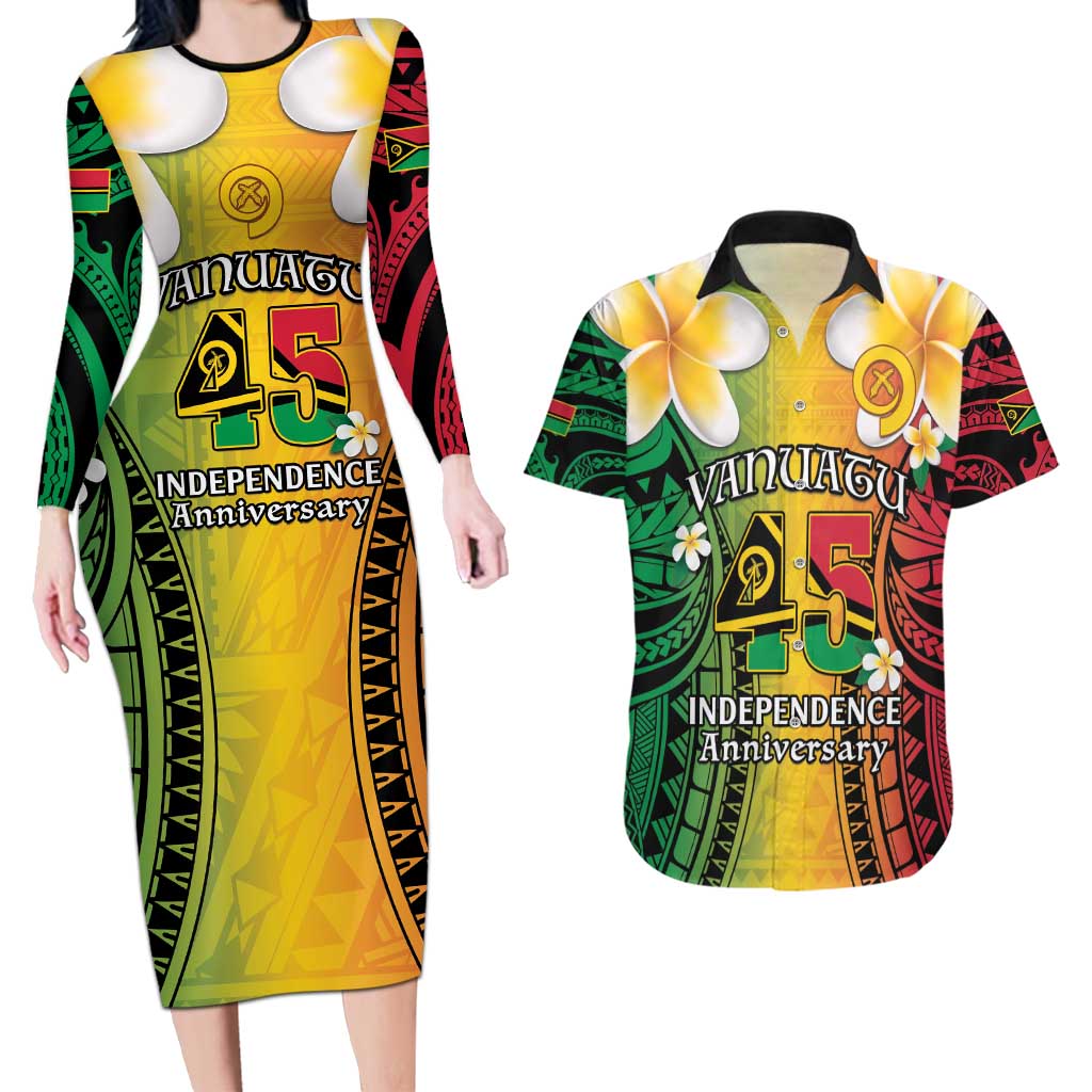 Vanuatu Independence Day Couples Matching Long Sleeve Bodycon Dress and Hawaiian Shirt Long God Yumi Stanap Happy 45th Anniversary LT14
