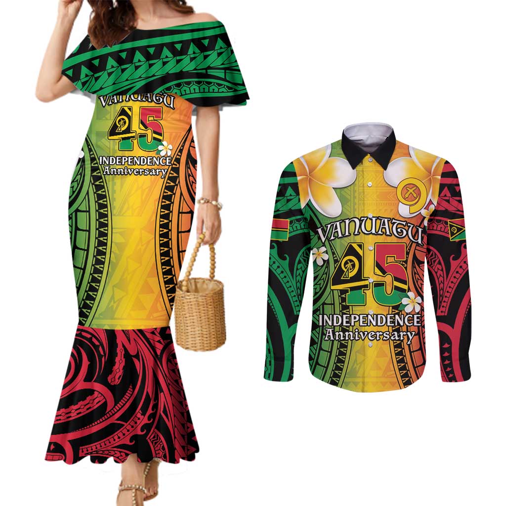 Vanuatu Independence Day Couples Matching Mermaid Dress and Long Sleeve Button Shirt Long God Yumi Stanap Happy 45th Anniversary LT14