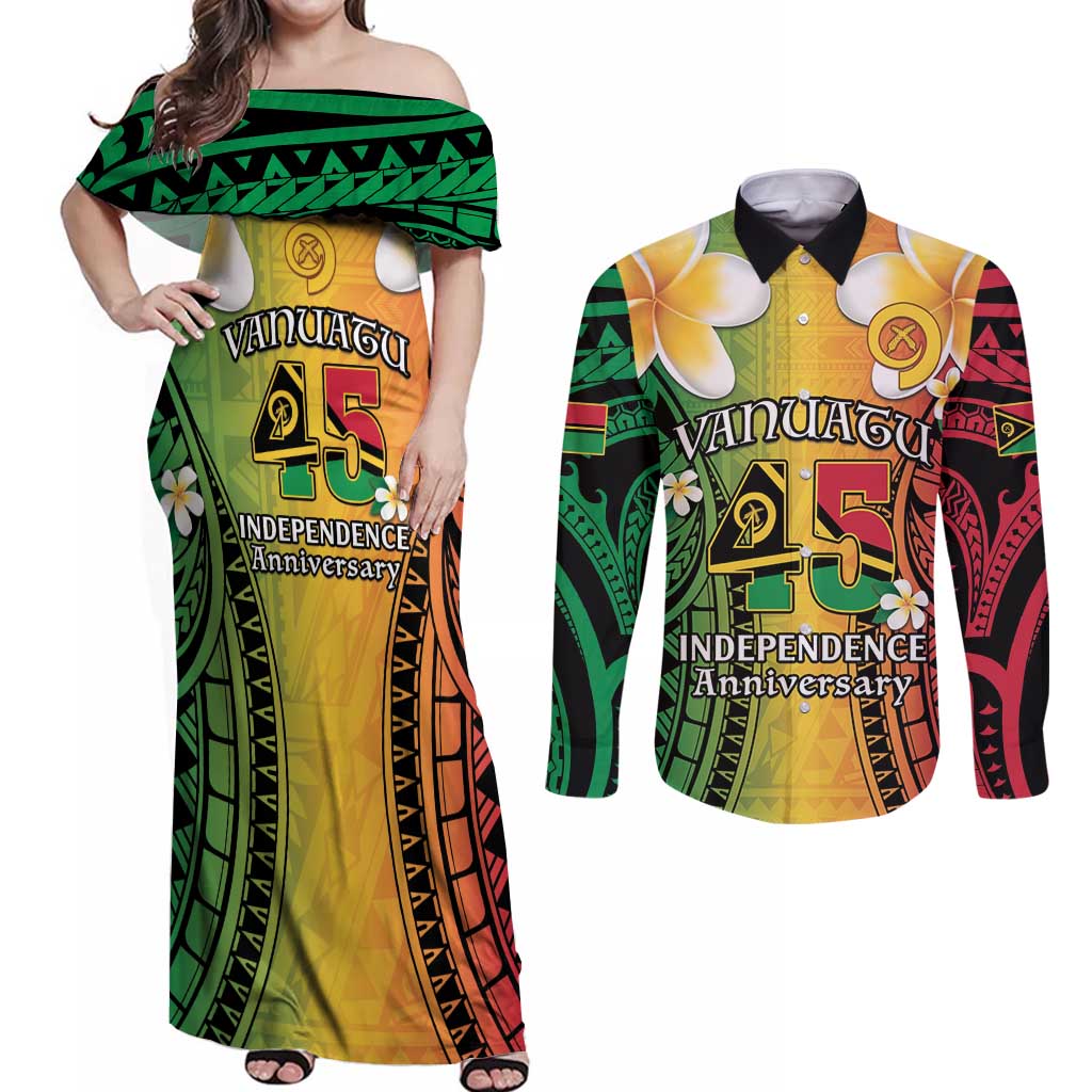 Vanuatu Independence Day Couples Matching Off Shoulder Maxi Dress and Long Sleeve Button Shirt Long God Yumi Stanap Happy 45th Anniversary LT14