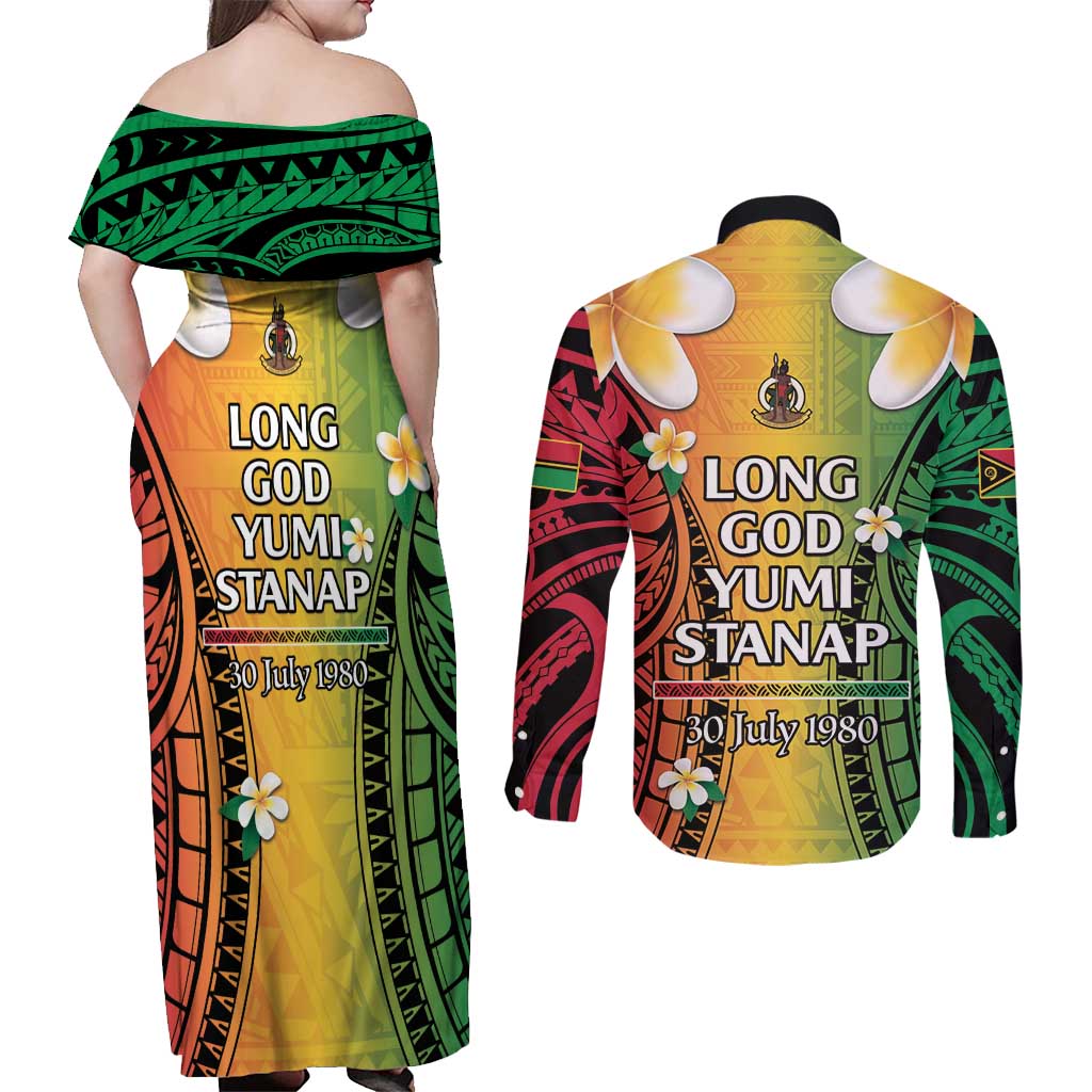 Vanuatu Independence Day Couples Matching Off Shoulder Maxi Dress and Long Sleeve Button Shirt Long God Yumi Stanap Happy 45th Anniversary LT14