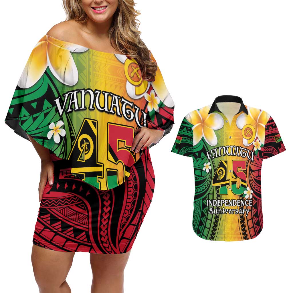Vanuatu Independence Day Couples Matching Off Shoulder Short Dress and Hawaiian Shirt Long God Yumi Stanap Happy 45th Anniversary LT14