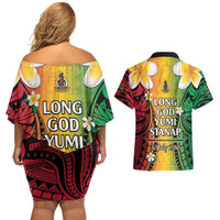 Vanuatu Independence Day Couples Matching Off Shoulder Short Dress and Hawaiian Shirt Long God Yumi Stanap Happy 45th Anniversary LT14