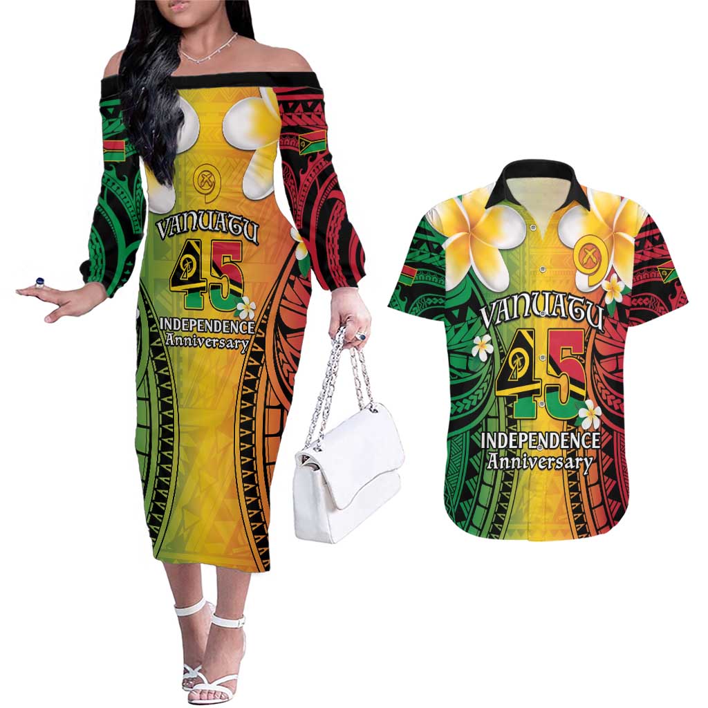 Vanuatu Independence Day Couples Matching Off The Shoulder Long Sleeve Dress and Hawaiian Shirt Long God Yumi Stanap Happy 45th Anniversary LT14