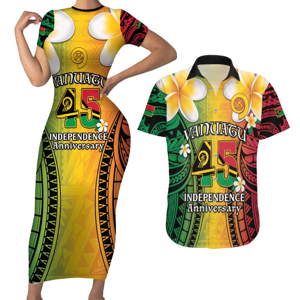 Vanuatu Independence Day Couples Matching Short Sleeve Bodycon Dress and Hawaiian Shirt Long God Yumi Stanap Happy 45th Anniversary LT14