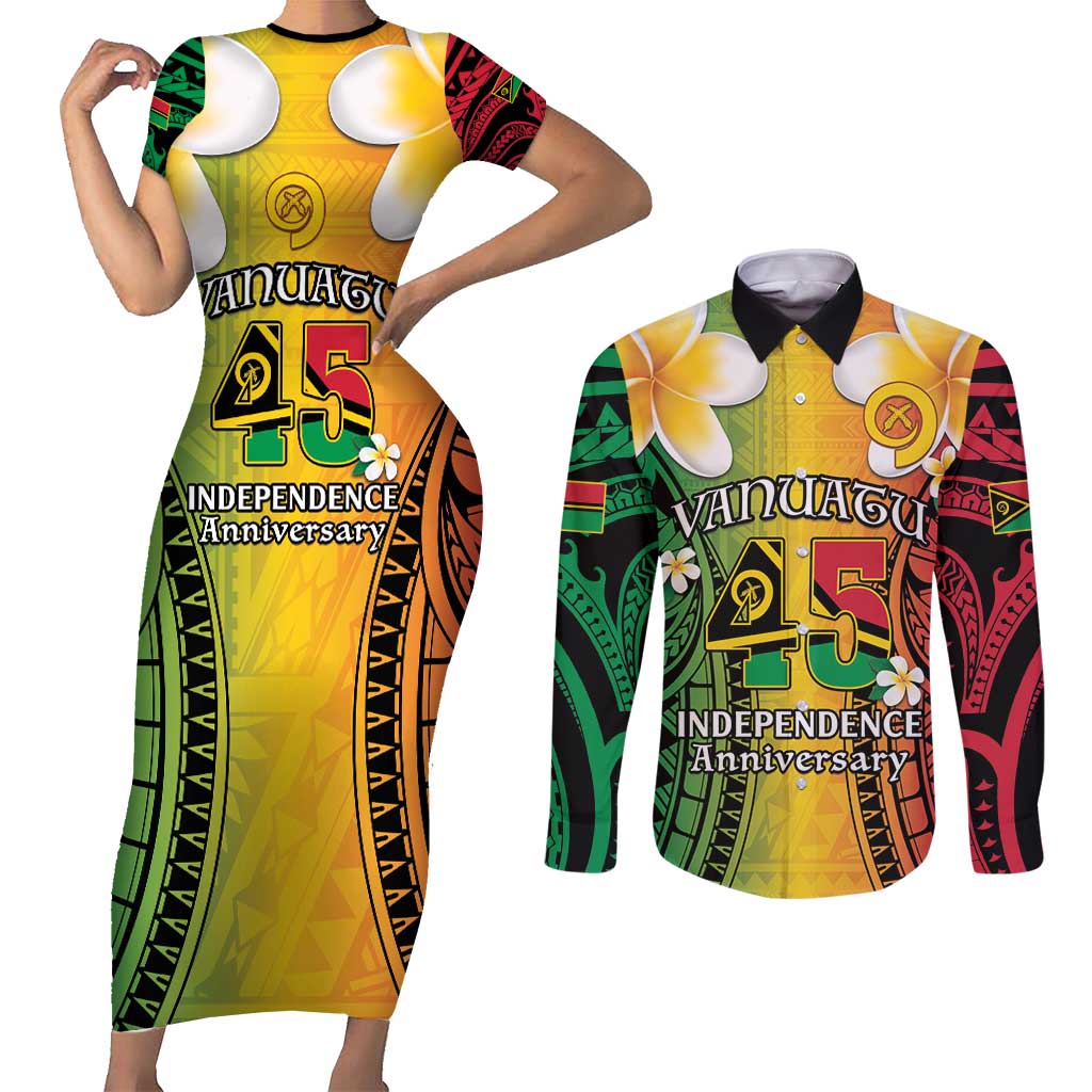 Vanuatu Independence Day Couples Matching Short Sleeve Bodycon Dress and Long Sleeve Button Shirt Long God Yumi Stanap Happy 45th Anniversary LT14