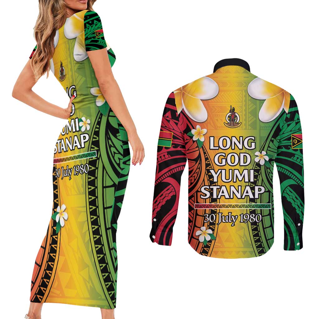 Vanuatu Independence Day Couples Matching Short Sleeve Bodycon Dress and Long Sleeve Button Shirt Long God Yumi Stanap Happy 45th Anniversary LT14
