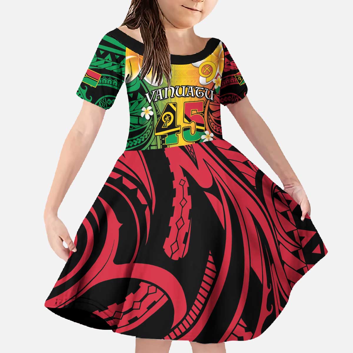 Vanuatu Independence Day Family Matching Off The Shoulder Long Sleeve Dress and Hawaiian Shirt Long God Yumi Stanap Happy 45th Anniversary LT14 Daughter's Dress Reggae - Polynesian Pride